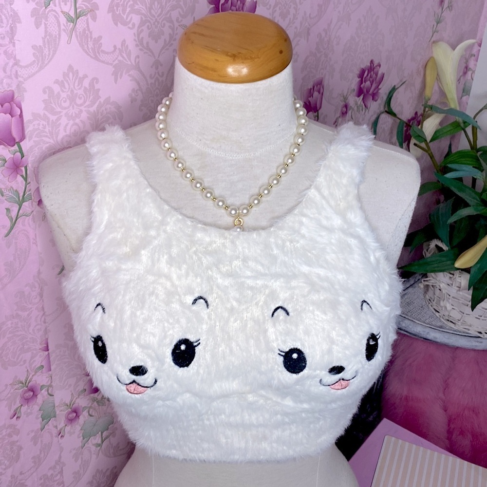 🎀🌷 Adorable Soft Plush White Fur Cat Face Top 🌷🎀 NWT